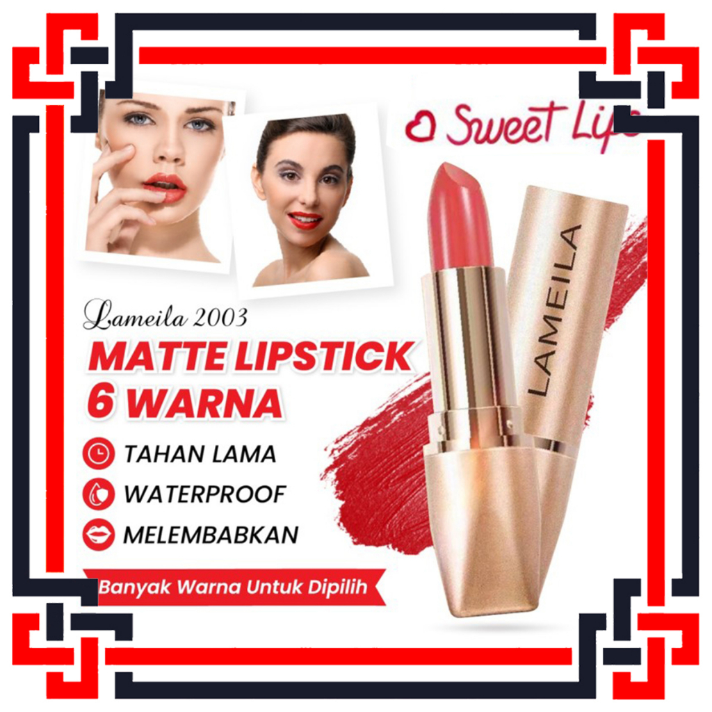 LS Lameila 2003 Lipstick Matte Gold Stick Tahan lama Anti Air 6 Warna Lipstik Melembabkan Bibir