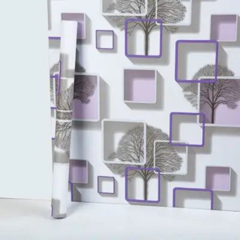 Wallpaper Sticker Dinding Motif 3D Kotak Pohon Ungu