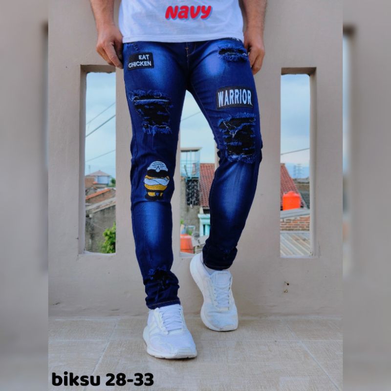 Celana Pria Jeans Biker Ripped Sobek Puring Original