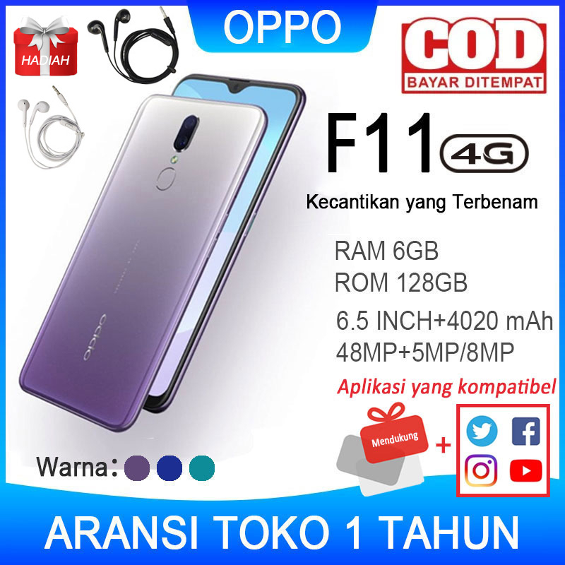 OPPO F11 HP RAM 6/128GB GARANSI TOKO 1 TAHUN ORIGINAL BARU HANDPHONE Dengan 6.5inches Ukuran layar Dengan Kapasitas baterai 4020mAh