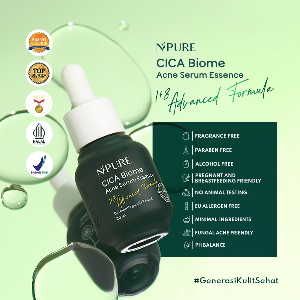 (Kemasan BARU) NPURE Acne Serum CICA Biome ESSENCE Centella Asiatica / Acne Care 20 ml - Serum Esence Wajah - Skincare Jerawat Berminyak NPure Hijau