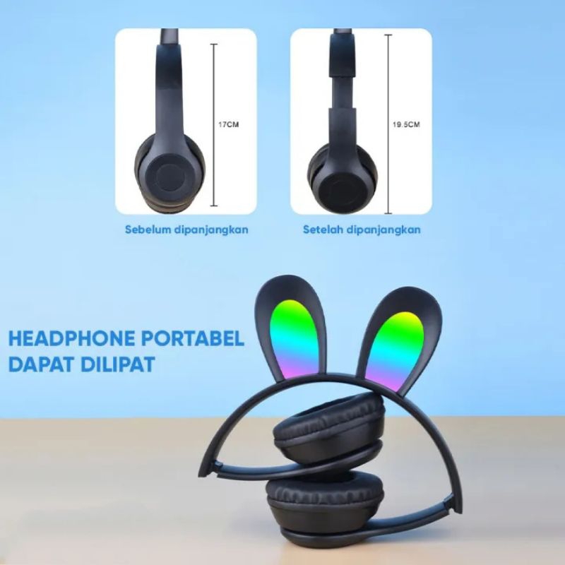 HEADSET HEADPHONE BANDO MZ-08R LED TELINGA KELINCI WIRELESS BLUETOOTH