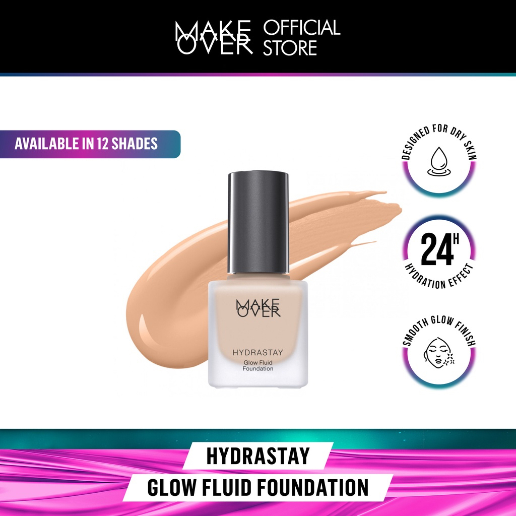 MAKE OVER Hydrastay Glow Fluid Foundation Indonesia / Liquid Foundation 35ml / 24 Hours Hydration Medium Buildable Coverage Water Light Texture / Designed For Dry Skin 24H Hydration Effect Smooth Glow Finish Cosmetic Series / Tint Blush Cushion Powder Lip