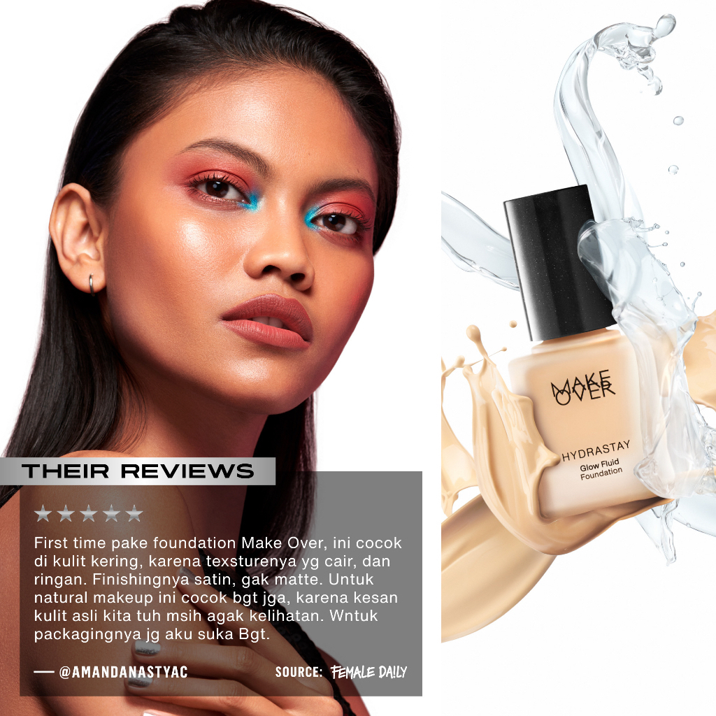 MAKE OVER Hydrastay Glow Fluid Foundation Indonesia / Liquid Foundation 35ml / 24 Hours Hydration Medium Buildable Coverage Water Light Texture / Designed For Dry Skin 24H Hydration Effect Smooth Glow Finish Cosmetic Series / Tint Blush Cushion Powder Lip