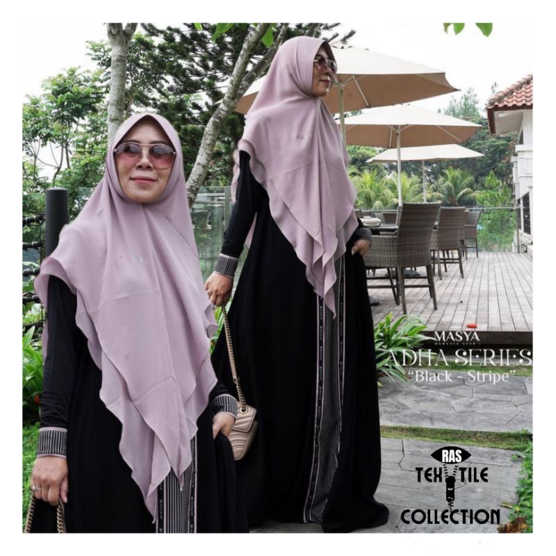 Set Baju Gamis Dress Hitam Jetblack Black Stripe Mewah Premium Ori Branded Masya Syari Original Terb