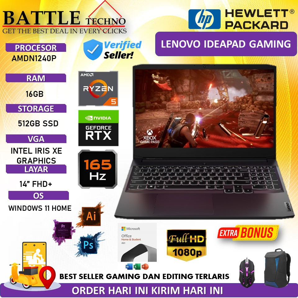 LENOVO IDEAPAD GAMING 3 15 AMD RYZEN 5 5600H 16GB 1TB SSD RTX3050 4GB FHD 165Hz WIN11 OHS RESMI