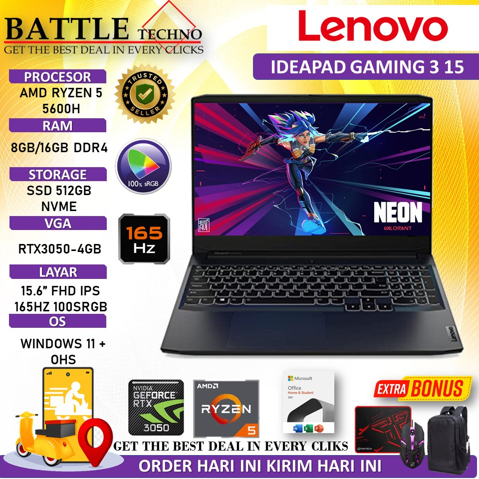 LENOVO IDEAPAD GAMING 3 15 AMD RYZEN 5 5600H 40GB 512GB RTX3050-4GB 15.6&quot; FHD IPS 165HZ 100SRGB 4ZRGB WIN11HOME + OHS  RESMI