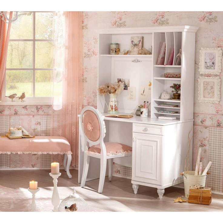 Set Meja Belajar Anak Perempuan Desain Lemari Buku Kayu Mahoni Cat Duco Putih