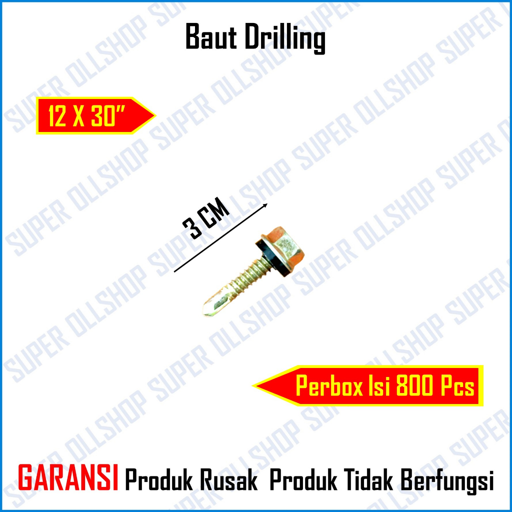 Baut Drilling Skrup Sekrup Roofing Baja Ringan Kuning Panjang 3 Cm 12x30 Harga 1 Kotak