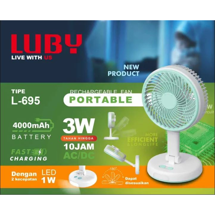 Kipas lampu Emergency Luby L-695 cas ulang 6 inch Portable