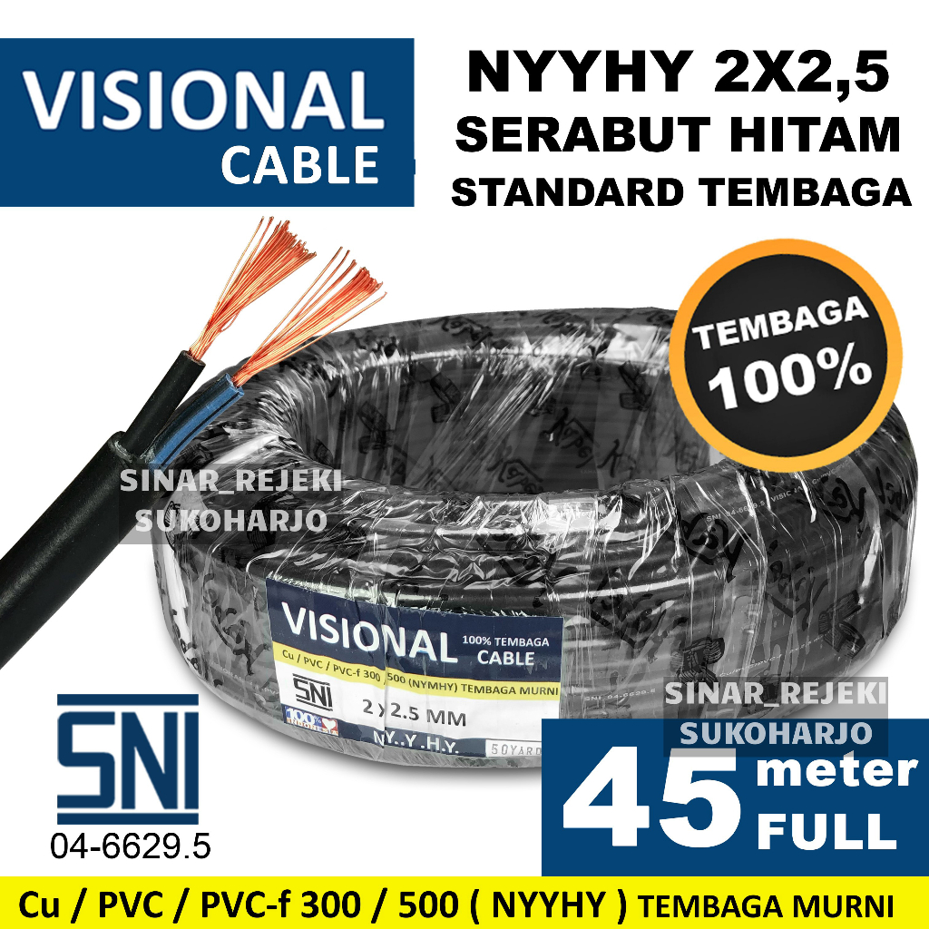 Kabel Listrik NYYHY NYMHY SNI Serabut Tembaga 2x2.5 1 ROLL 45 METER FULL 2x2.5 NYY HYO Kabel Hitam Putih Tembaga Asli