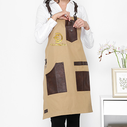 Apron Full Cotton &amp; pu kulit pocket Y strep synthetic leather Warna Khaki/Coffee