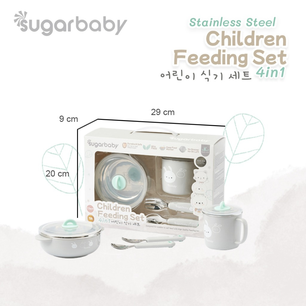 Sugar Baby Stainless Steel Children Feeding Set 4in1 (K-Series)/Set Alat Makan Bayi/Perlengkapan MPASI Bayi Tempat Makan Bayi fedding Set Bayi Peralatan Mpasi Tempat minum bayi tempat Minum Anak Lunch Box Bowl Children And fork Tempat Makan Bayi Stainless