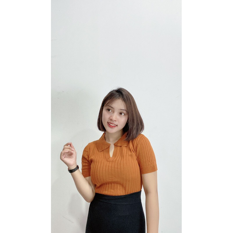 Atasan Kerah polo Rajut - Vneck Crop Top Blouse - Polo Shirt Atasan Wanita