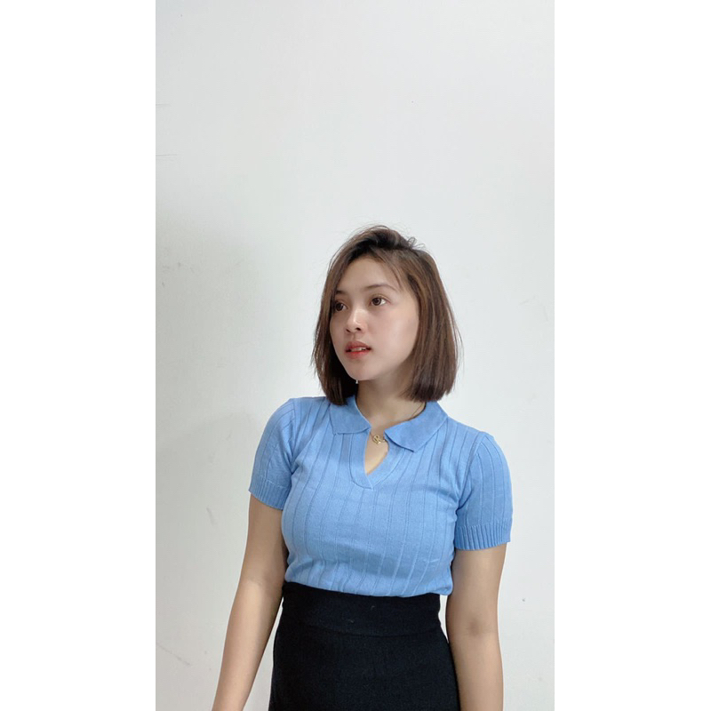 Atasan Kerah polo Rajut - Vneck Crop Top Blouse - Polo Shirt Atasan Wanita