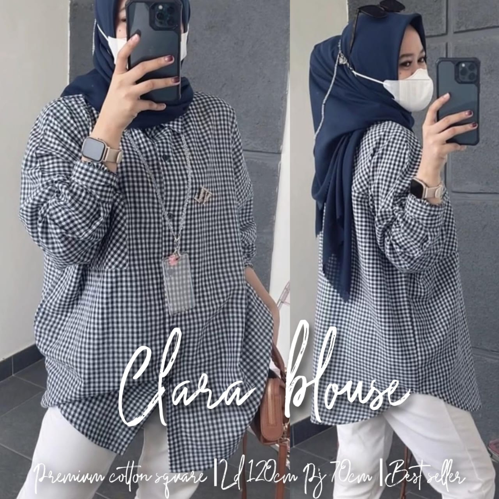 Clara Atasan Blouse Wanita Jumbo Ld 120 Premium Katun Kotak Kotak Model Terbaru