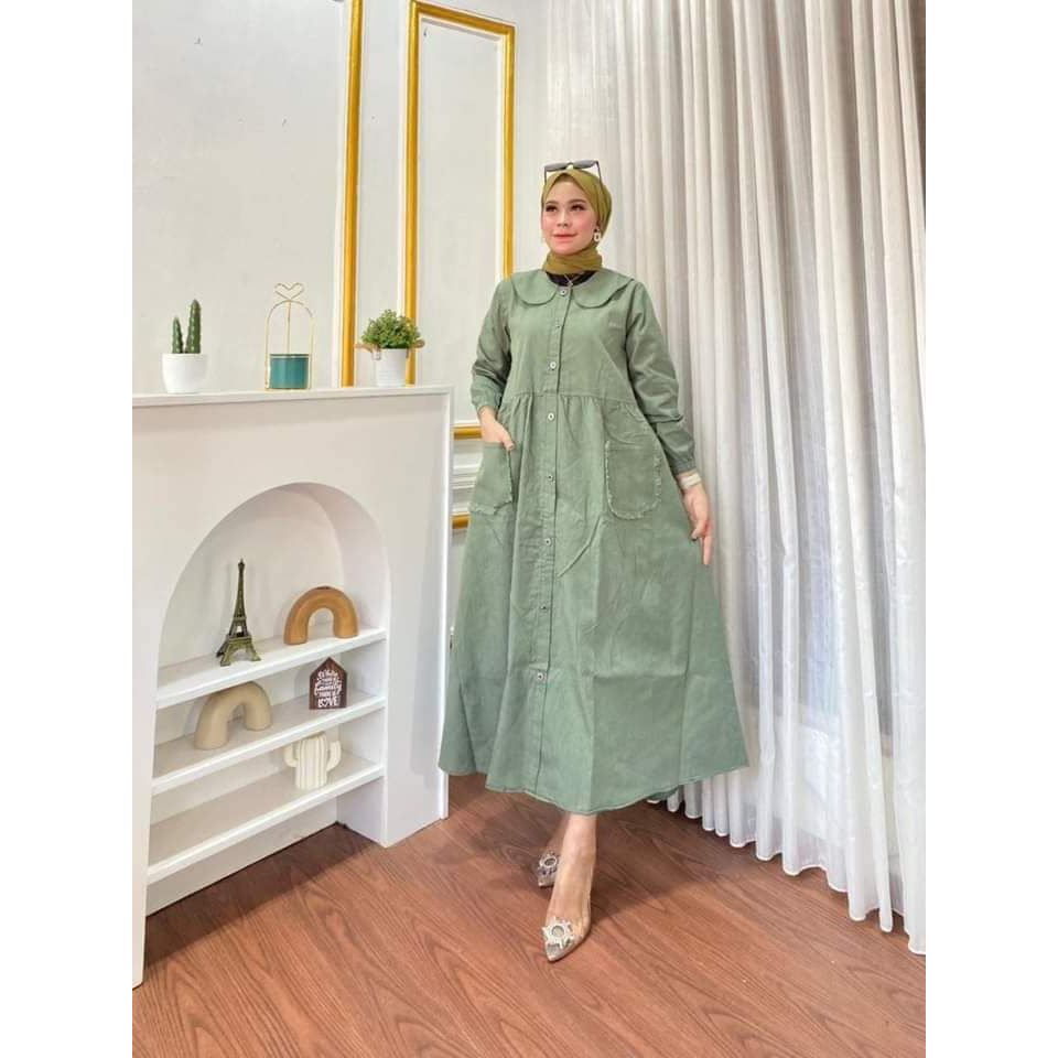 Gamis Wanita Semi Jeans Warna Hijau Sage Kancing Rempel
