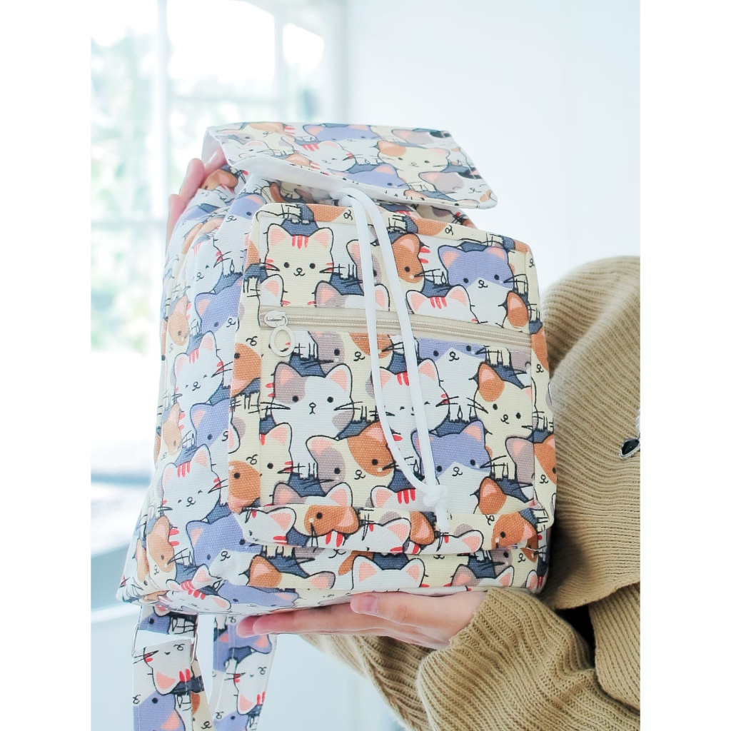 TAS RANSEL SERUT FACE CATS // taskanvasbdg - tas kanvas ransel sekolah wanita - tas gendong motif kucing cewek lucu kekinian