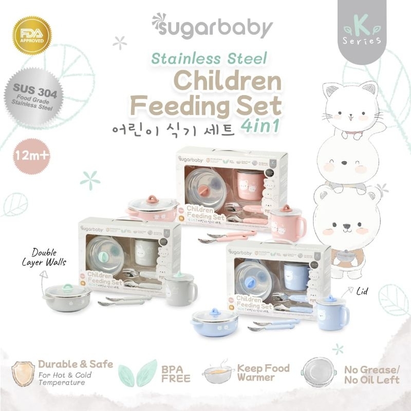 Sugar Baby Healthy SILICONE FEEDING SET (3pcs) / Stainless Steel CHILDREN FEEDING SET /Alat Makan Set