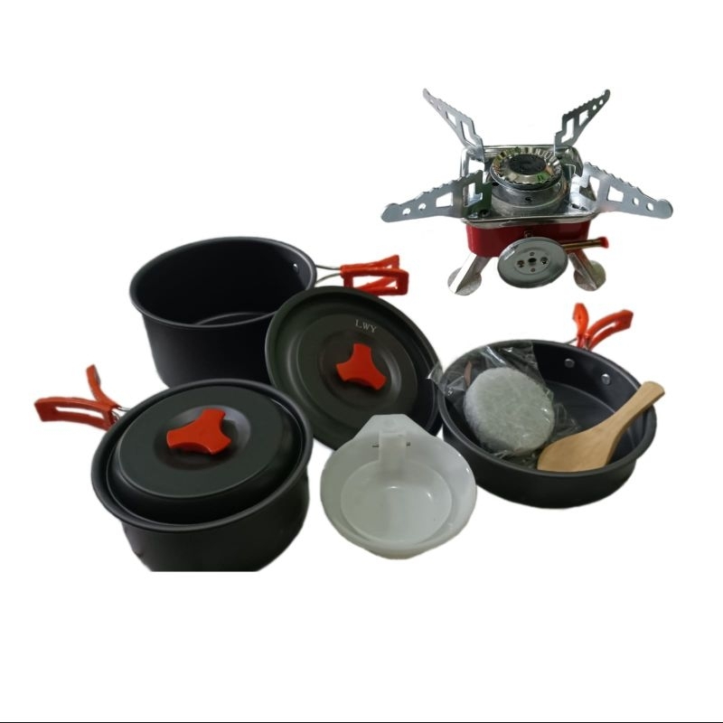 Paket alat masak camping dan hiking, cooking set ds 300 dan kompor kotak camping gas stove