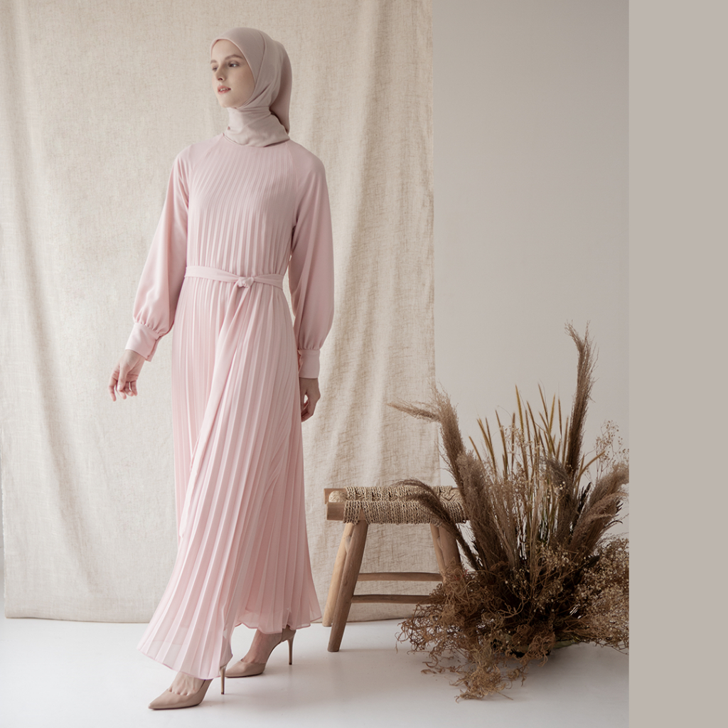 Keshvari by Aska Label - Gamis wanita plisket dress pleats cantik elegan lengan panjang dengan ikat pinggang