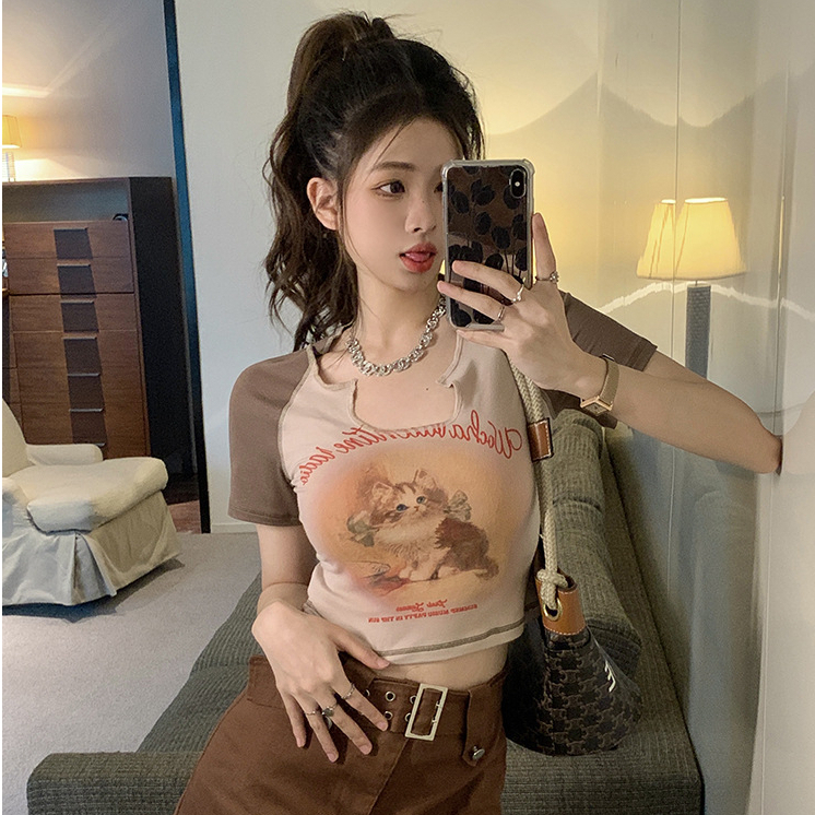 BV.ID BJ1133 Baju Wanita Bodyfit Kaos Atasan Sexy Motif Kucing CropTee Crop Top Fashion Korean