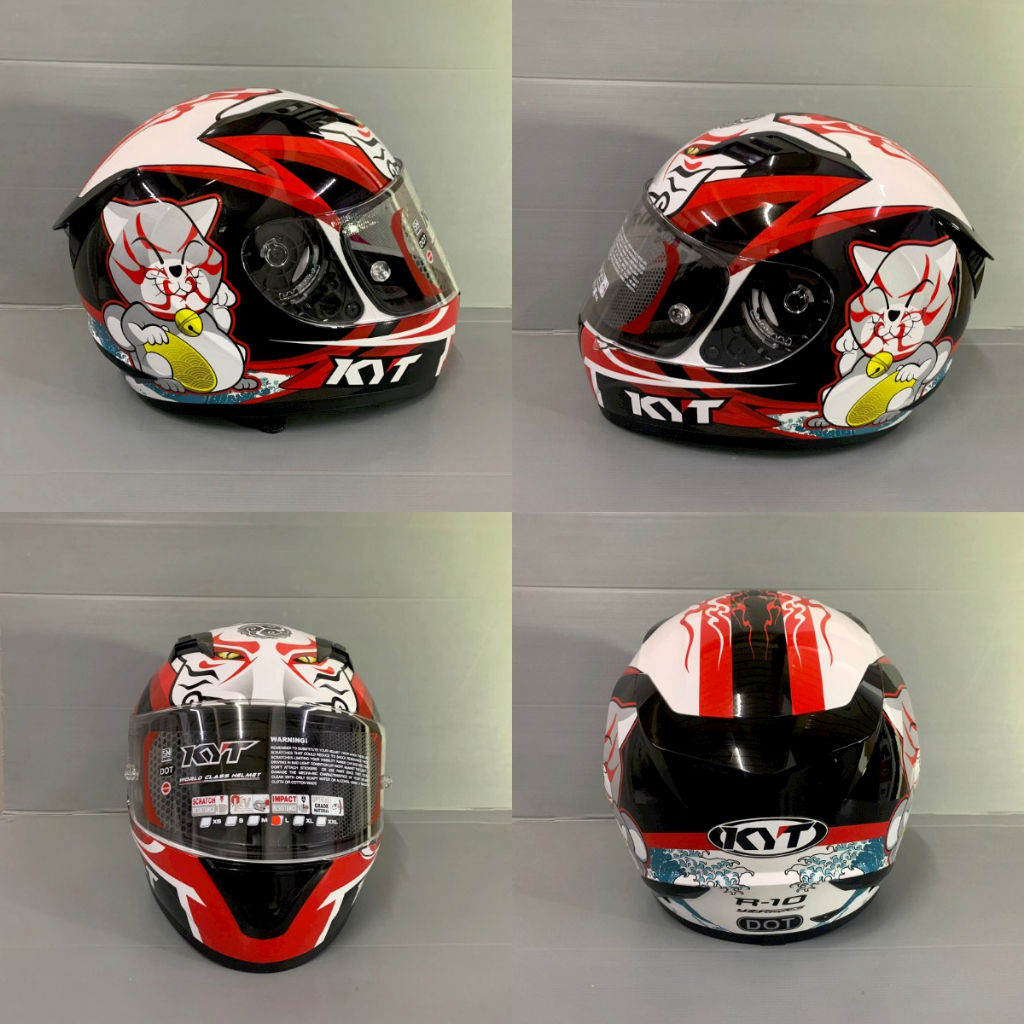 HELM KYT R10 KABUKI CAT WHITE RED KYT R-10 FLAT & PINLOCK READY KABUKI CAT