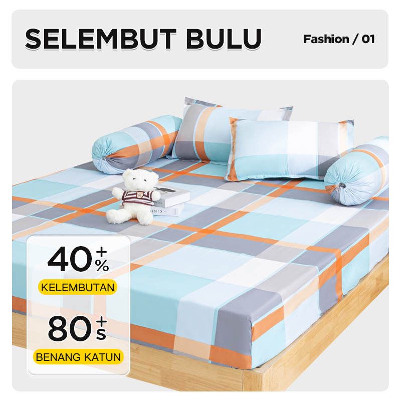 Sprei Ala Korea Aesthetic KQ Motif Kotak Free Sarung Bantal Dan Sarung Guling Ukr 160x200cm