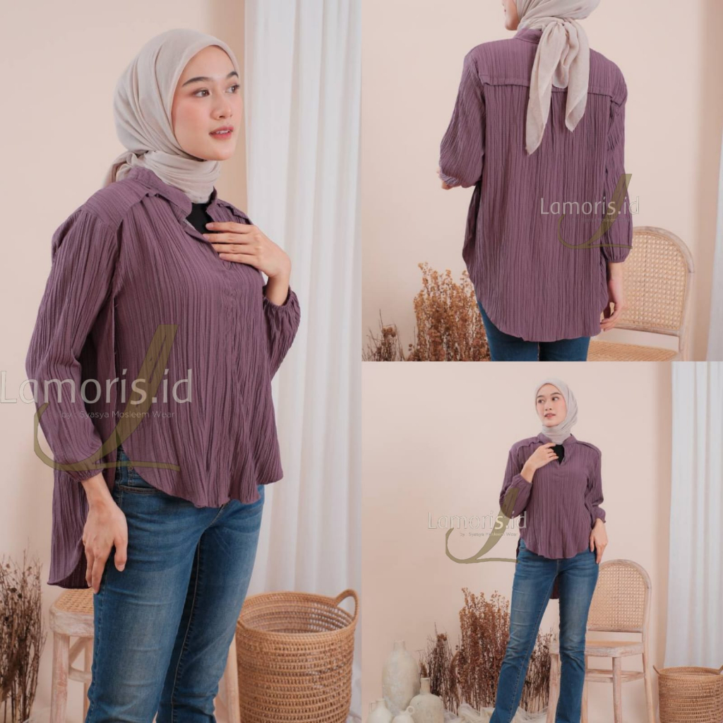 Lifia Blues Terbaru Outer Wanita Basic Atasan Kemeja Polos Bahan Crinkle Ladycrush