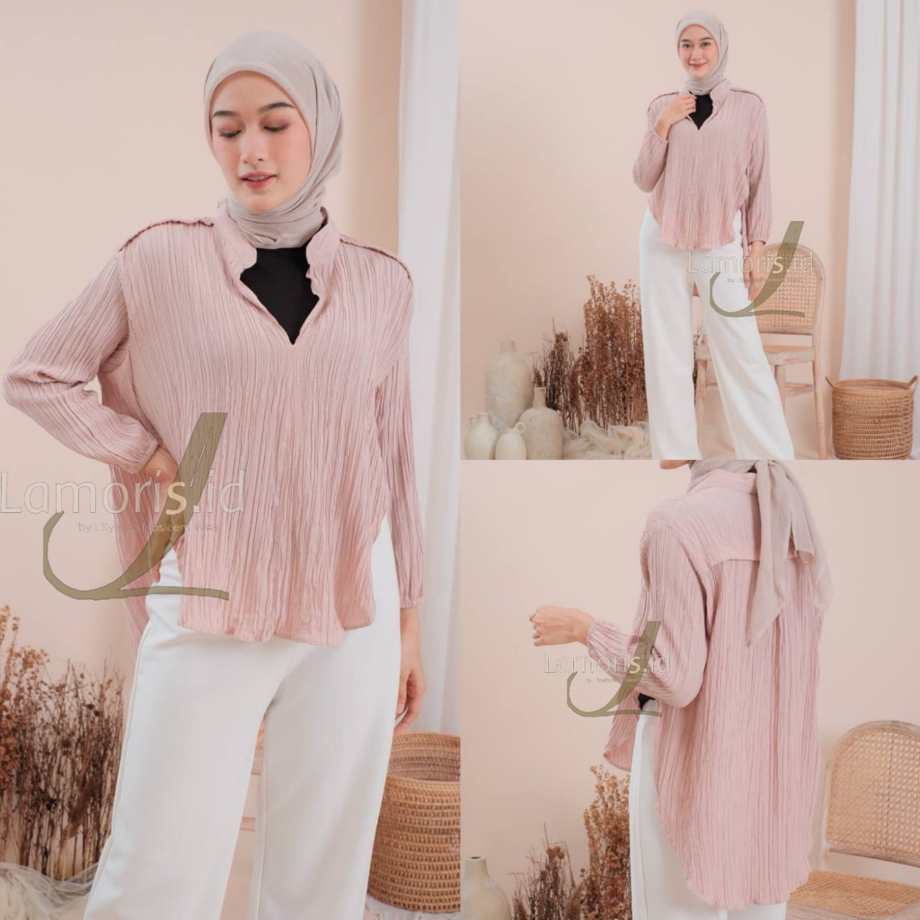 Lifia Blues Terbaru Outer Wanita Basic Atasan Kemeja Polos Bahan Crinkle Ladycrush