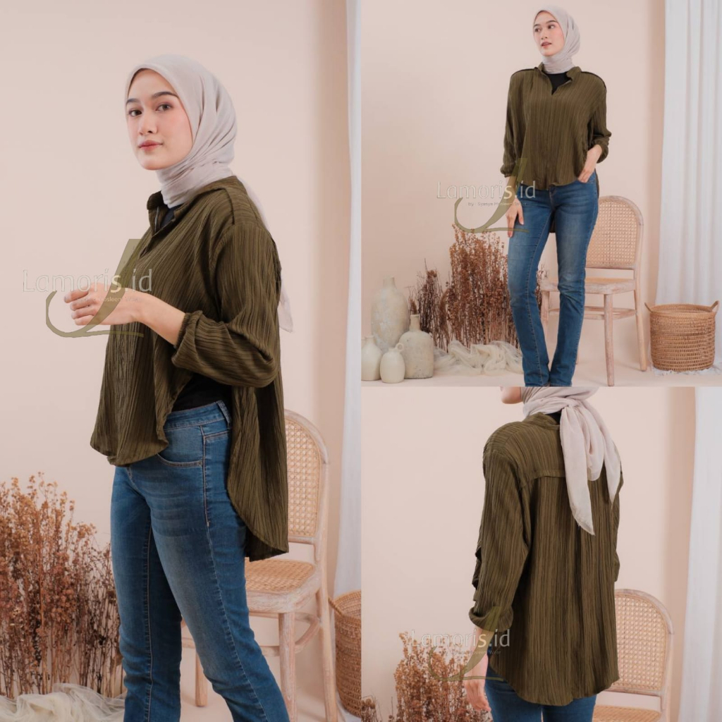 Lifia Blues Terbaru Outer Wanita Basic Atasan Kemeja Polos Bahan Crinkle Ladycrush