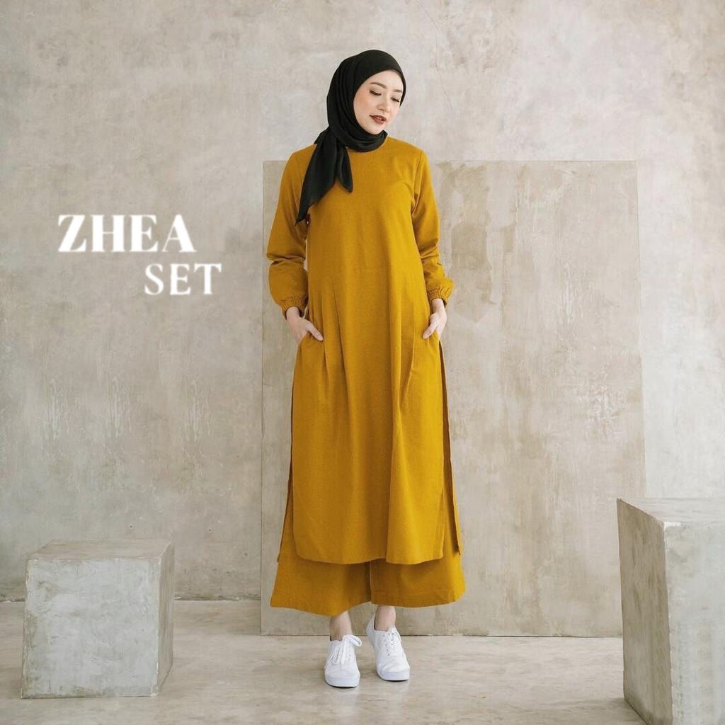 Zhea One Set Setelan Celana + Long Tunik Belah Samping Jumbo Busui Bahan Linen Premium Fit To XL Ld 110cm
