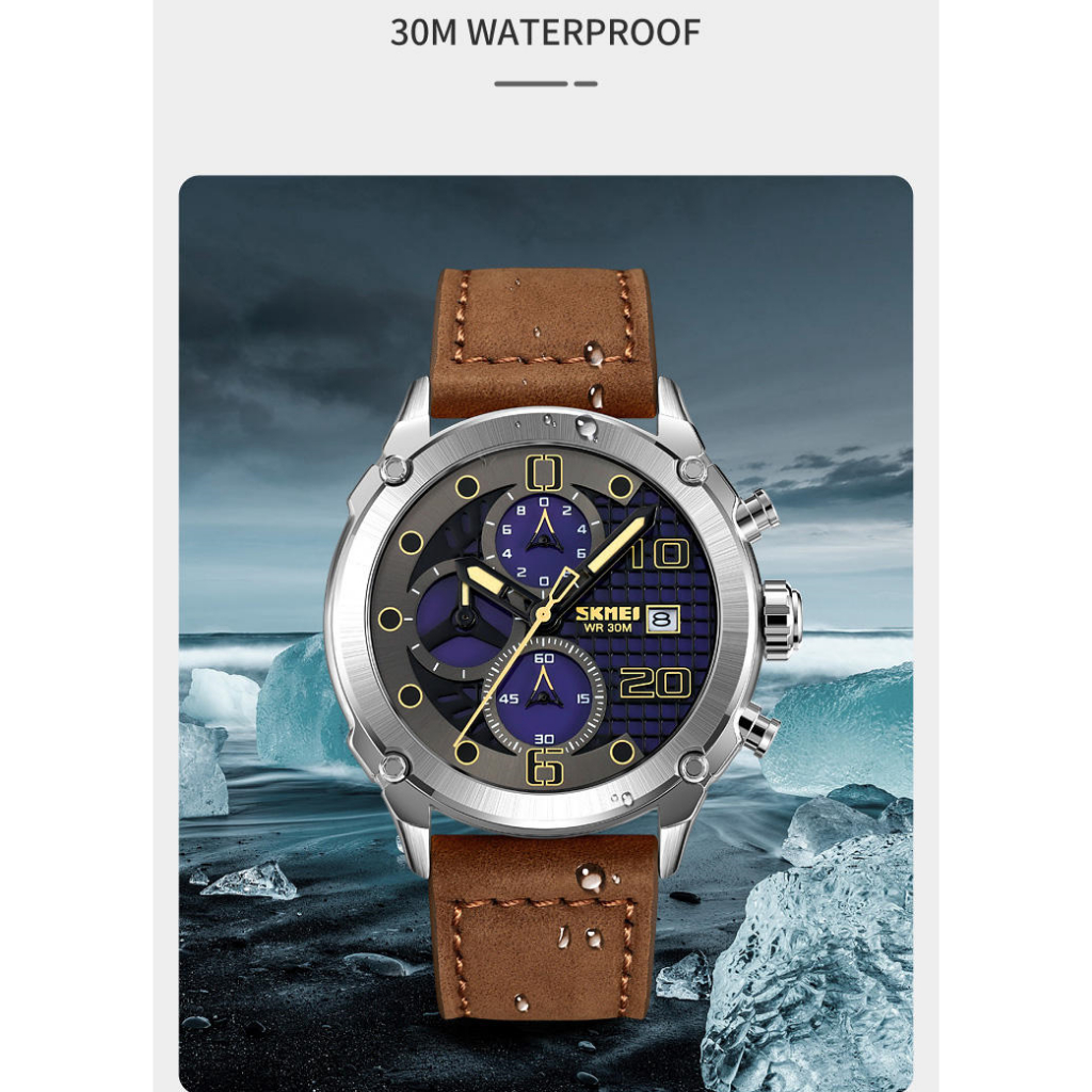 Jam Tangan Pria Analog Chrono Leather Strap Waterproof 30M Jamtangan Cowok Desain Klasik Strap Leather Anti Air