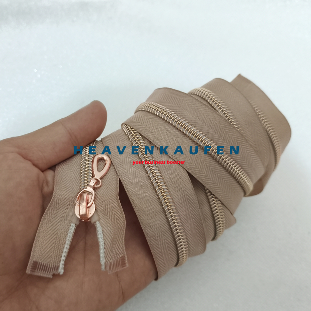 Resleting Zipper 100 cm Atau 1 Meter Type Gigi Halus Coil Cream - Rose Gold Set Open End Untuk Busana Gamis Abaya Dll