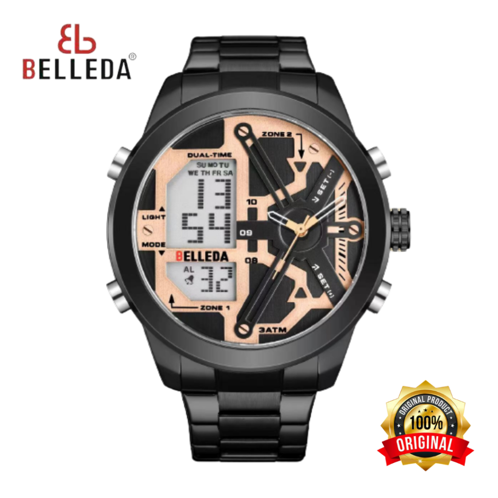 BELLEDA 9402 Jam Tangan Pria Anti Air Original Stainless Steel Dual Time Analog Digital