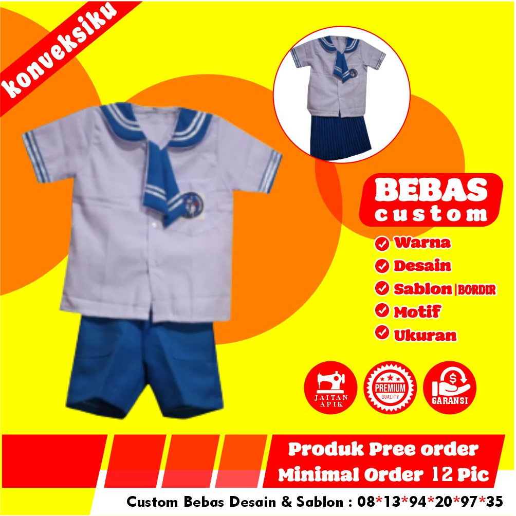 CUSTOM SERAGAM TK PAUD BIRU PUTIH BERDASI PUTRA PUTRI