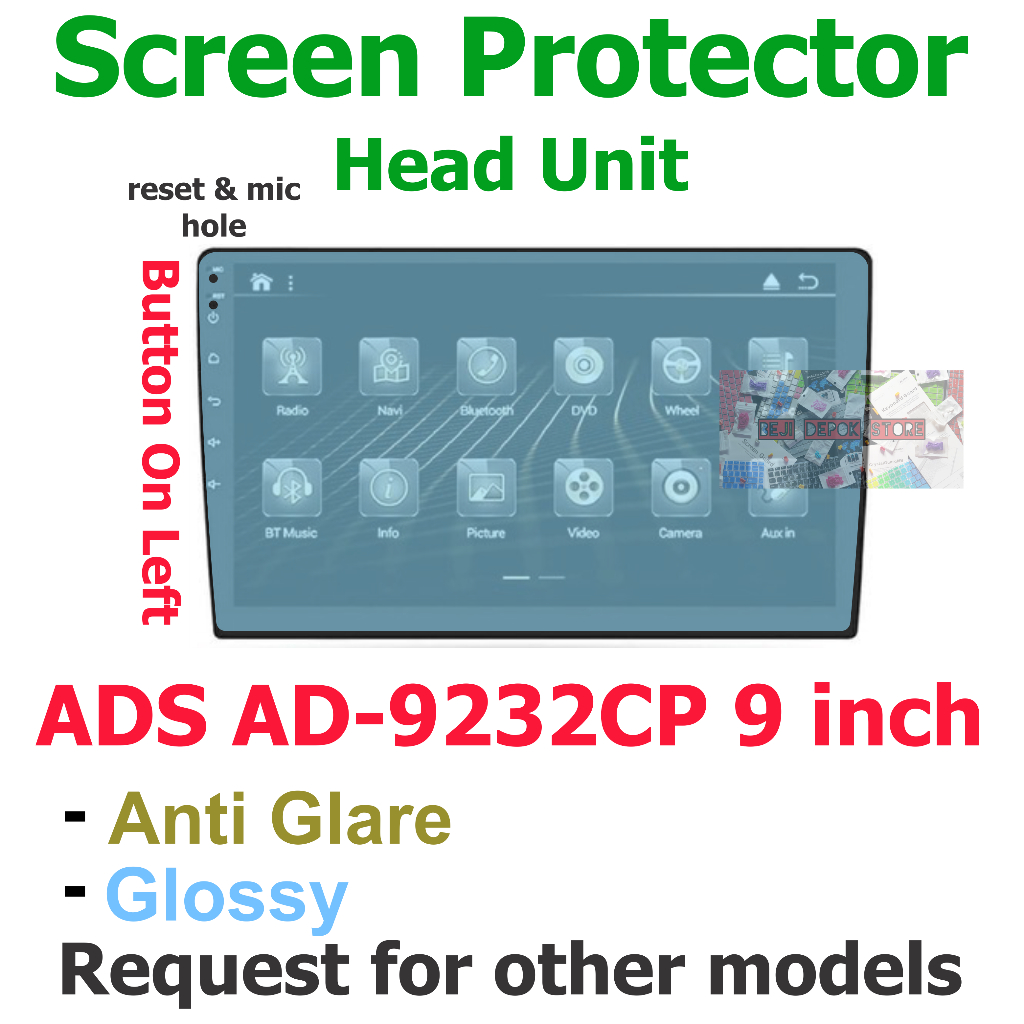 ADS AD-9232CP 9 inch Head Unit Android Screen Protector Guard Left Button option kiri
