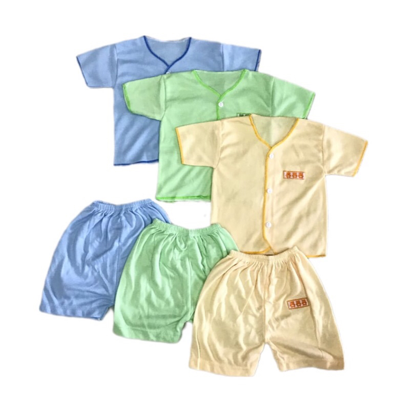 3pcs baju bayi newborn kancing depan lengan pendek BIRU HIJAU KUNING polos simple 3pcs celana pendek