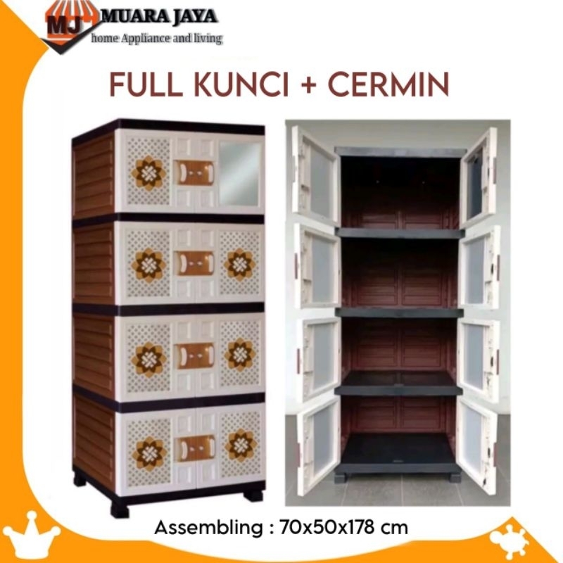 Lemari pakaian lemari plastik jumbo motif rotan/batik susun 4 +cermin