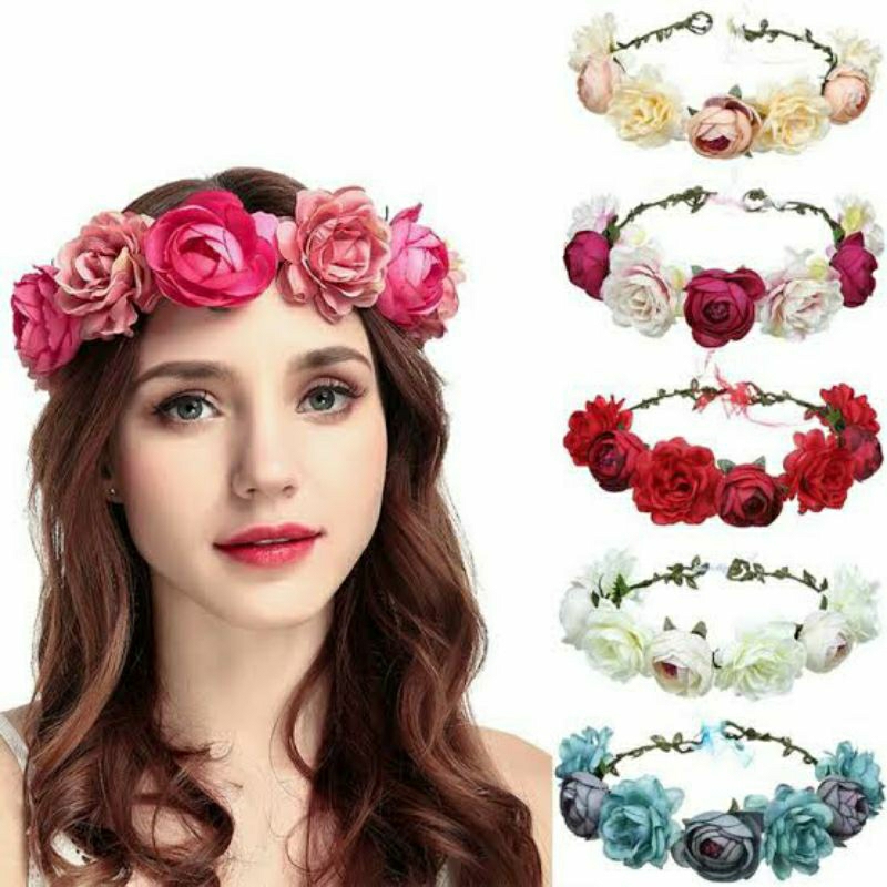 Bando Bunga LED Flower Crown Mahkota Bunga Lampu Kawat Bunga Bando Merah Putih