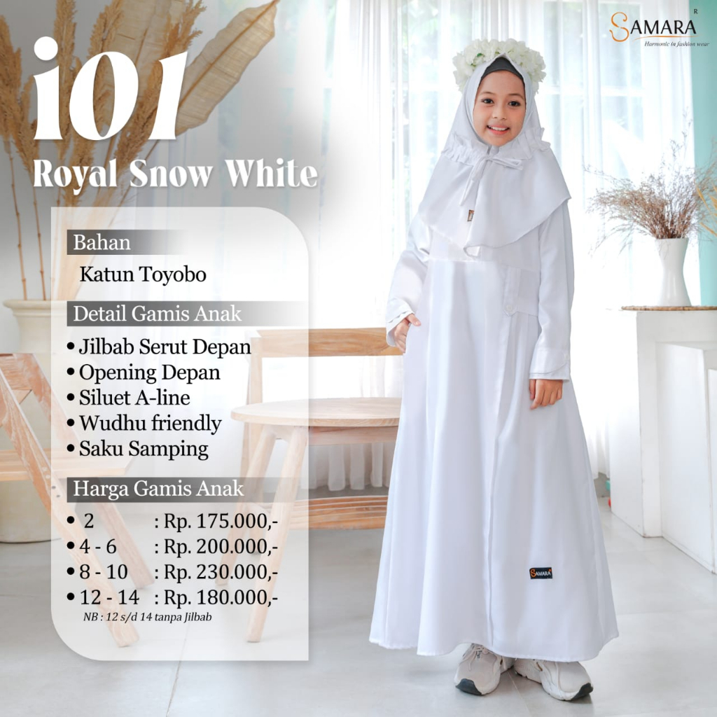 GAMIS ANAK MUSLIMAH MENUTUP AURAT WARNA PUTIH BERSAKU DENGAN BAHAN KATUN TOYOBO SAMARA I01 ROYAL SNO