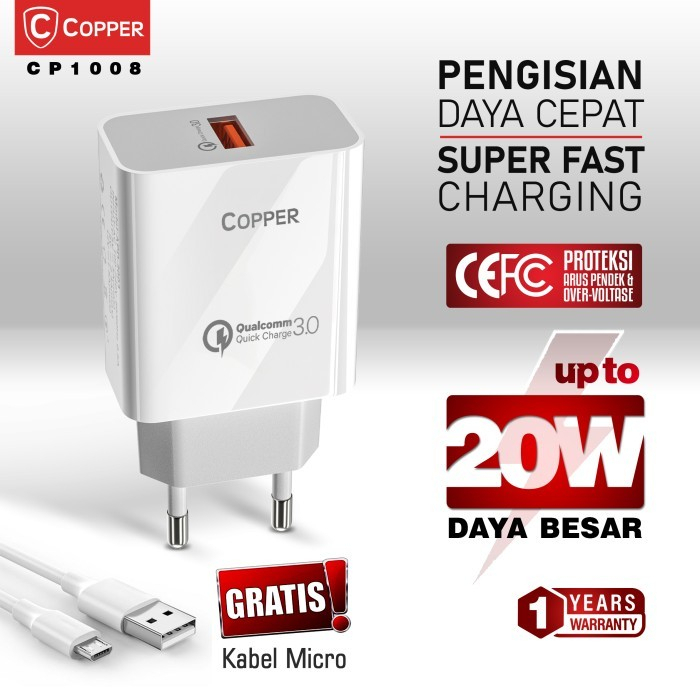 COPPER CP1008 Charger Single Port Up to 20Watt + QC 3.0
