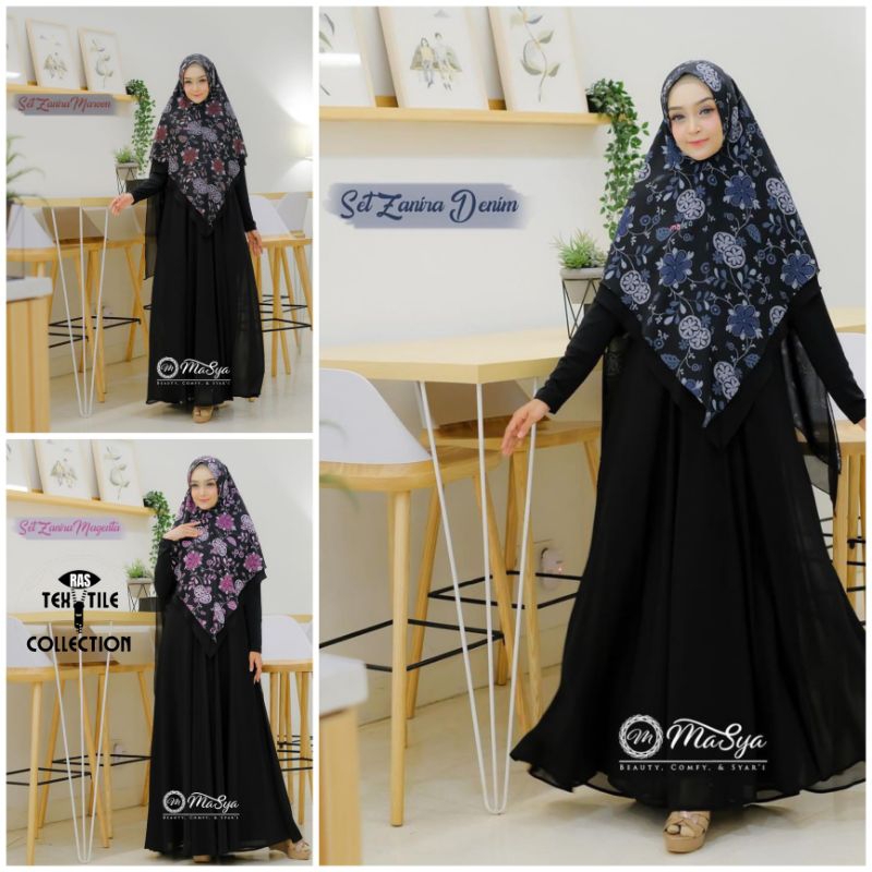 Set Gamis Dress Ceruty Babydoll Syari Branded Printing Denim - Maroon - Black - Magenta Mewah Masya 
