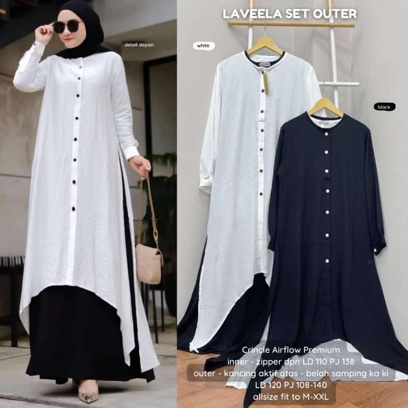 Lavella Set Outer Panjang Gamis Polos Baju Wanita Kekinian Bahan Crinkle Airflow Long Dress Muslim Gamis Outer Set