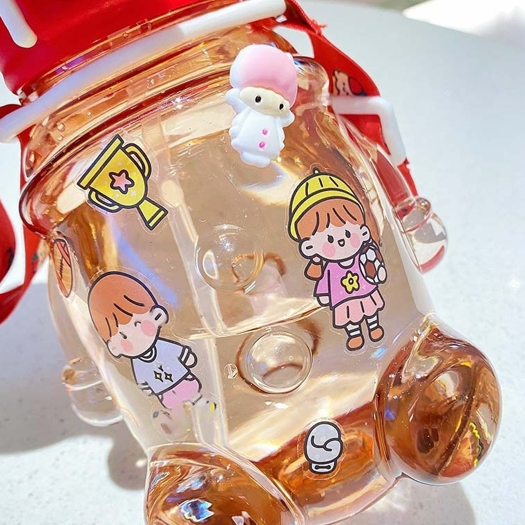 Botol Minum Anak Botol Minum Bening Karakter Bear Kapasitas 1000ML free Sticker 2D 3D Tali Panjang Kode 1977