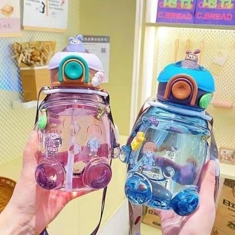 Botol Minum Anak Botol Minum Bening Karakter Bear Kapasitas 1000ML free Sticker 2D 3D Tali Panjang Kode 1977