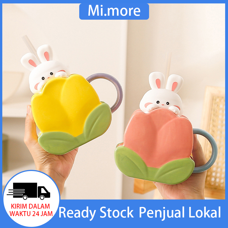 Mi.more Gelas Mug Keramik Rabbit Style With Straw Ceramic Cup Gelas Lucu Unik Bentuk Korean Style