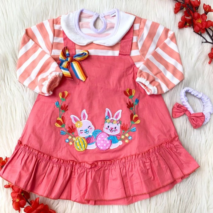 Baju dress lengan panjang kekinian lucu dapat bandana bestseller anak cewek perempuan murah -two