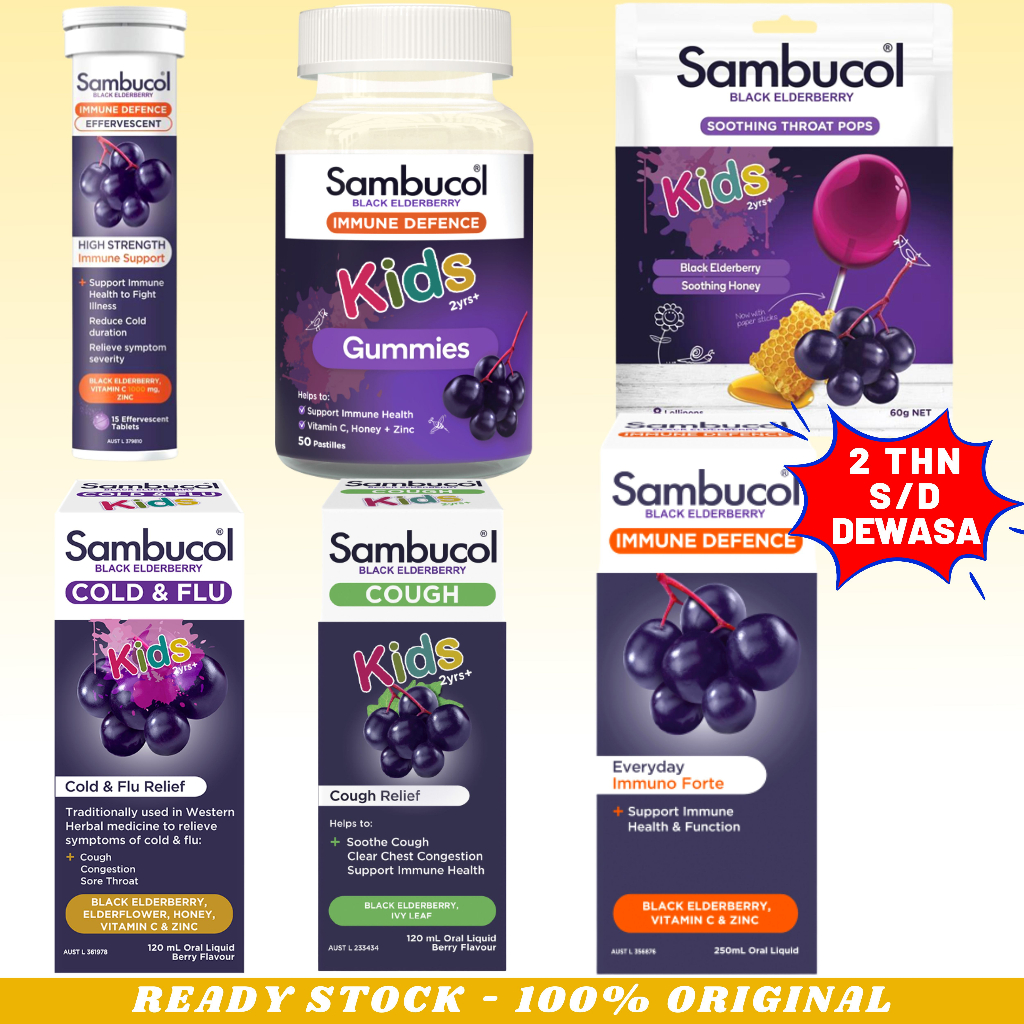 SAMBUCOL Kids Black Elderberry Cold and Flu RELIEF 120mL COUGH Liquid / Immuno Forte 250mL Imuno / Immunity 50 Gummies Immune Defence Vitamin C Honey Zinc Madu Anak / Kids Soothing Throat Pops 8 lozenges / 15 Effervescent Tablets Sore Lozenge 20 Tablet