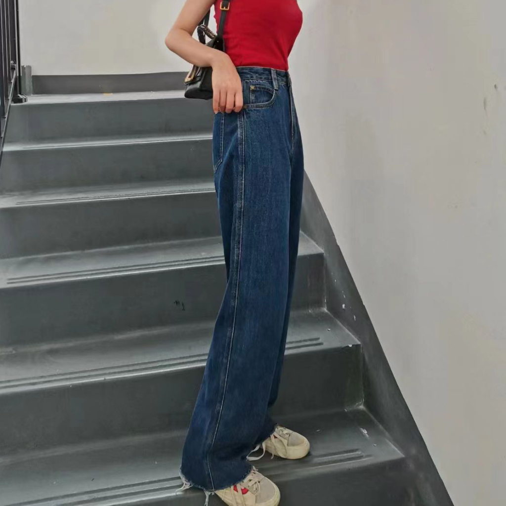 Biru Gelap Rawis Highwaist Lurus Loose Celana Jeans Panjang Wanita Korea Style